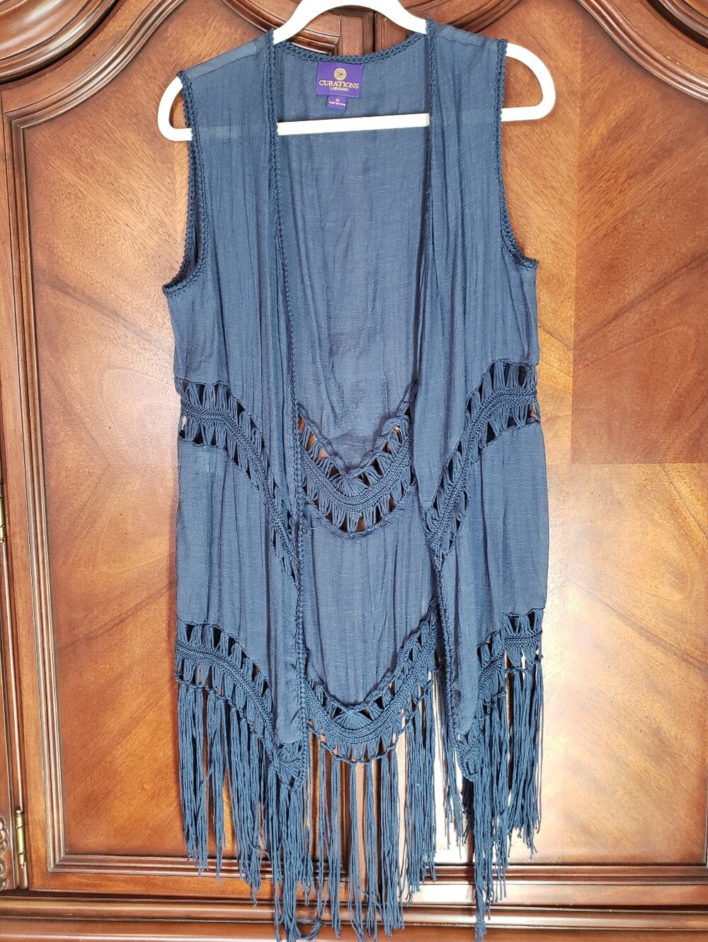 Curations Slate Blue  Fringe Crochet Vest
